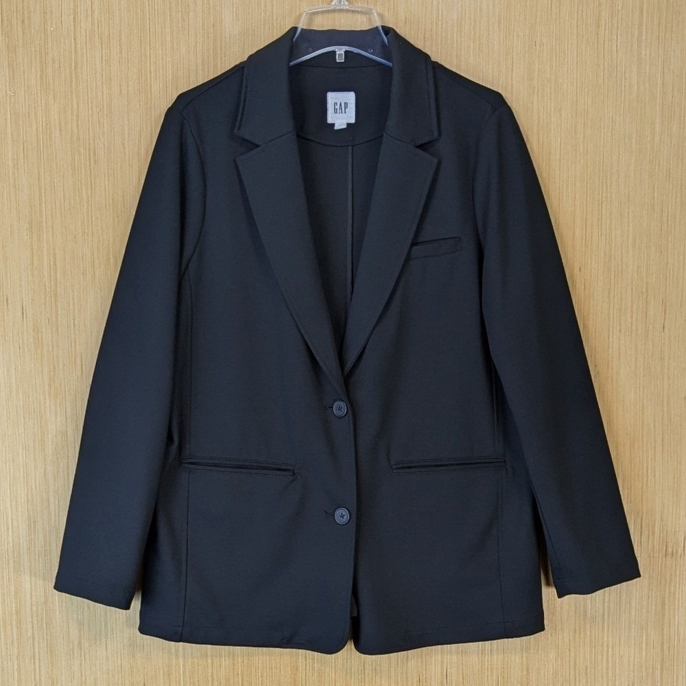 Gap Womens Black Ponte Blazer Jacket Size L Notch Lapel Two Button Office Career